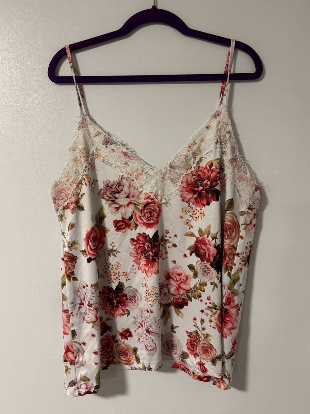 White Pink Floral Lace Trim Camisole Sleeveless Spaghetti Strap Cami Top Large